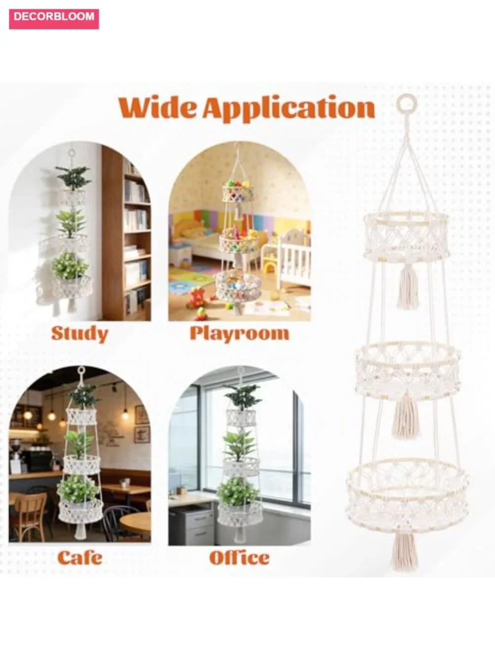 3 Tier Hanging Fruit Basket Cotton Rope Hand-Woven Boho Wall-Mounted Storage